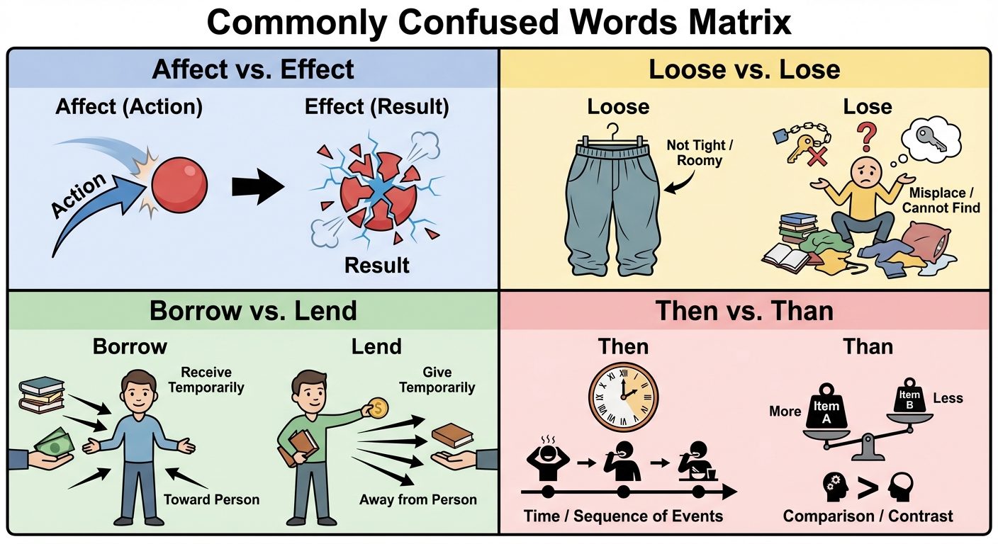 A comparison infographic titled "Commonly Confused Words Matrix". Divide the image into four quadran...