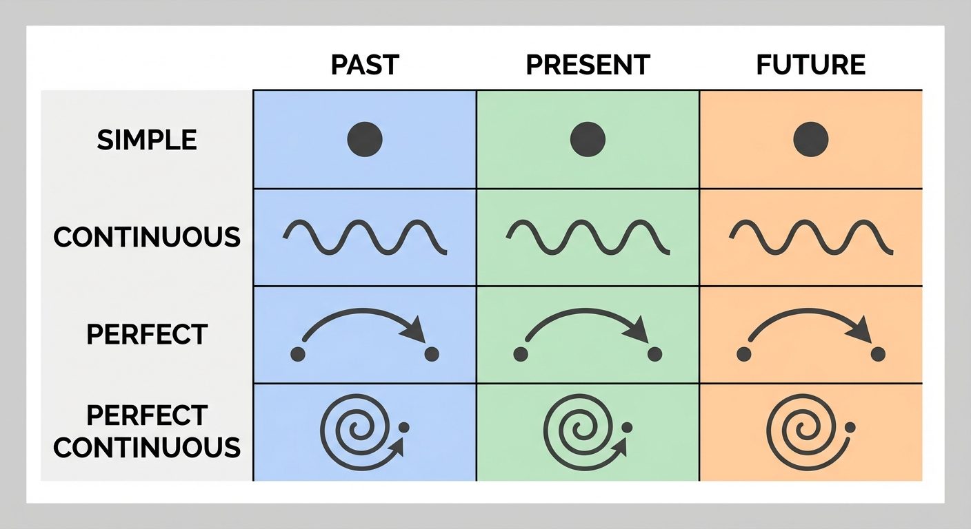 A conceptual 3x4 grid matrix diagram illustrating the 12 English Tenses. Columns should be labeled "...