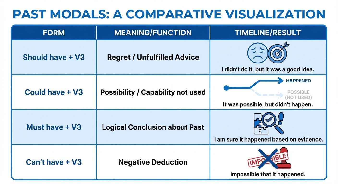 A comparative table graphic visualizing Past Modals. The table should have three distinct columns wi...
