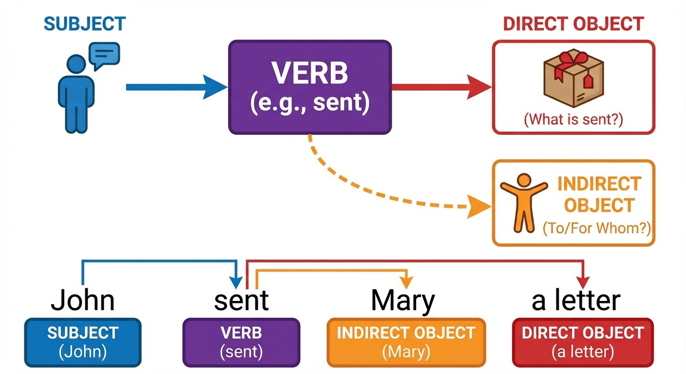A flow diagram visualizing the Ditransitive Verb structure (Verbs with two objects). The central ele...