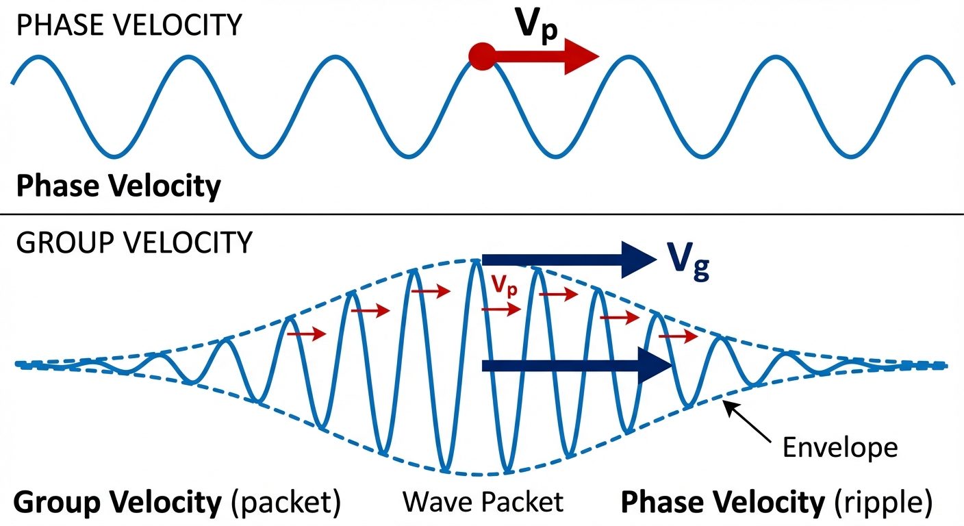 A comparison diagram illustrating Phase Velocity vs Group Velocity. Top section: "Phase Velocity" sh...