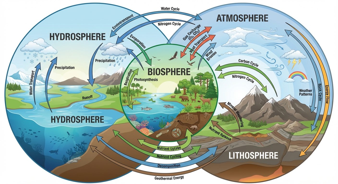A detailed conceptual diagram illustrating the four spheres of the Earth. The diagram should show fo...