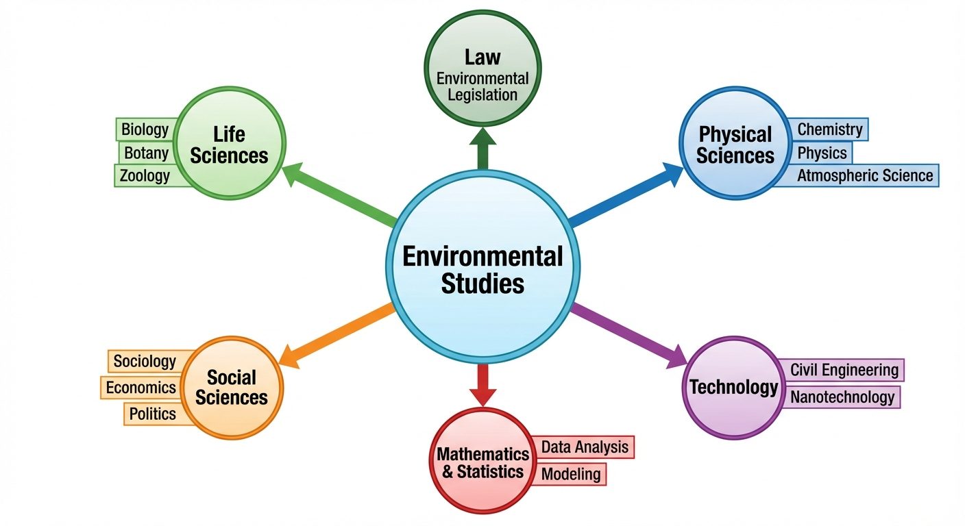 A mind-map style block diagram showing the 'Multidisciplinary Nature of Environmental Studies'. In t...