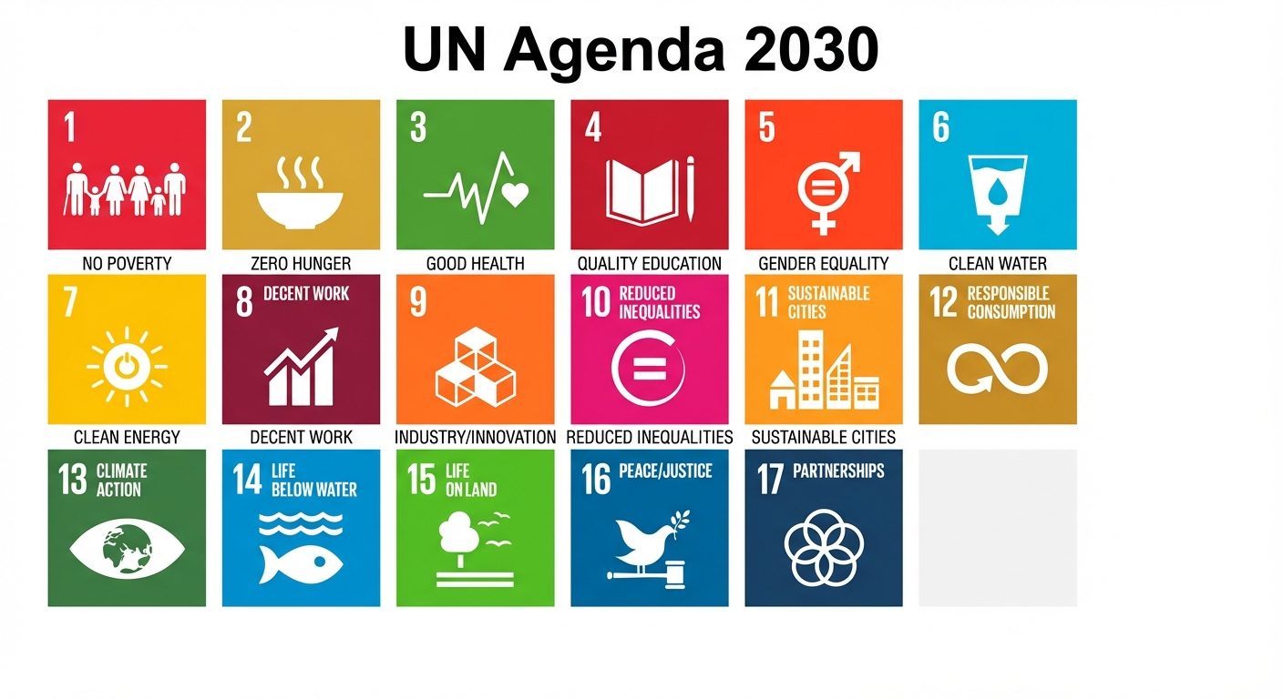 A grid layout displaying the 17 Sustainable Development Goals (SDGs) as iconic square tiles. The gri...