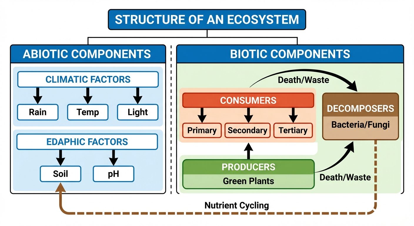 A detailed block diagram illustrating the 'Structure of an Ecosystem'. The diagram should be divided...