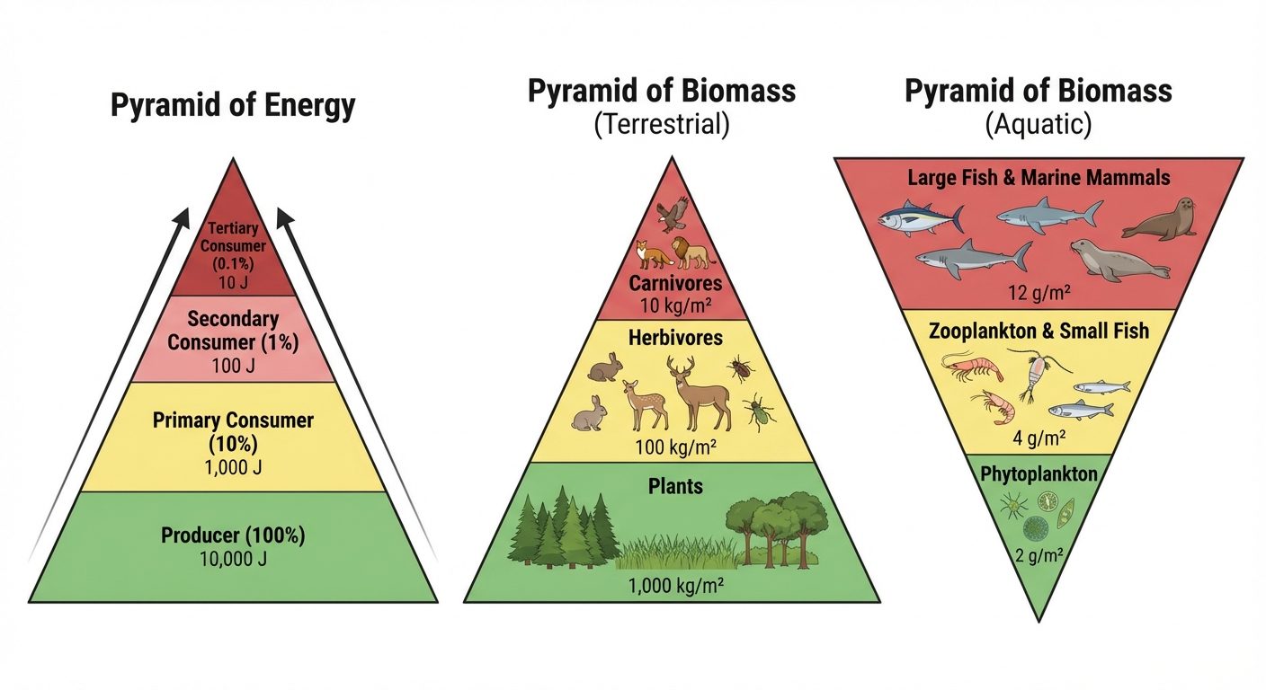A set of three triangular diagrams comparing Ecological Pyramids. 1. Left: 'Pyramid of Energy' (Upri...
