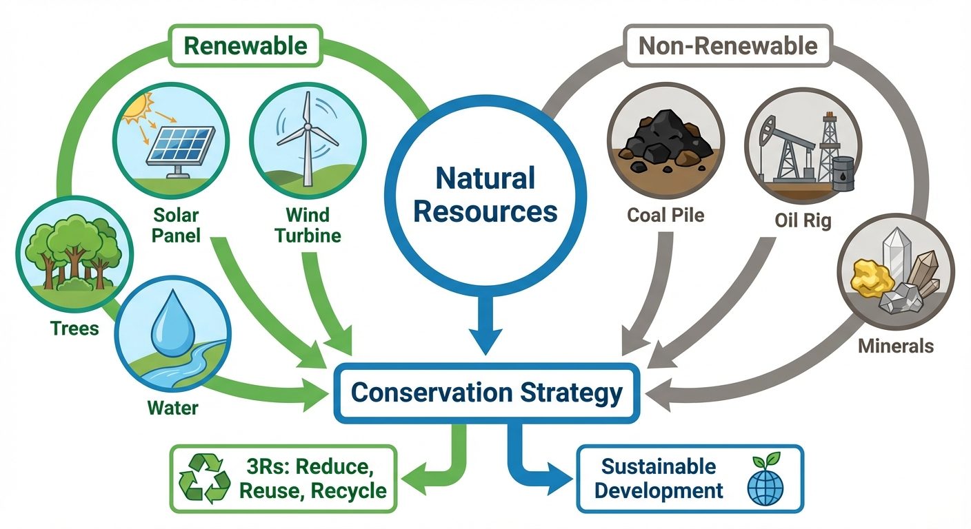 A circular cycle diagram showing the classification and management of 'Natural Resources'. The cente...