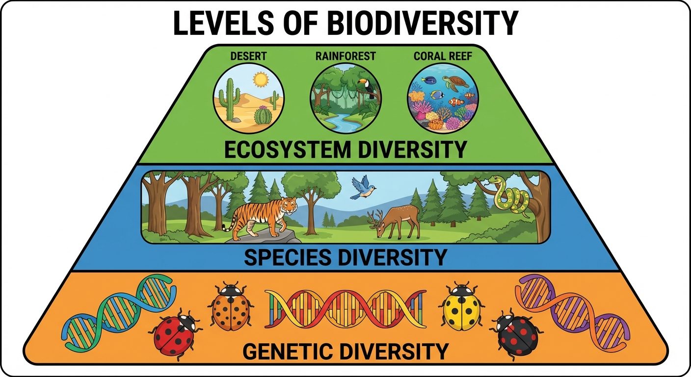 A three-tiered pyramid diagram illustrating the Levels of Biodiversity. The bottom base layer is lab...