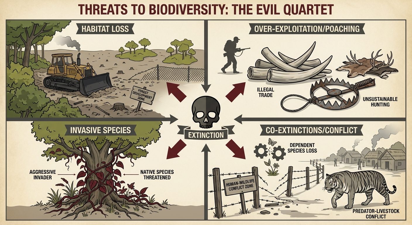 A conceptual diagram titled "Threats to Biodiversity: The Evil Quartet". The diagram is divided into...
