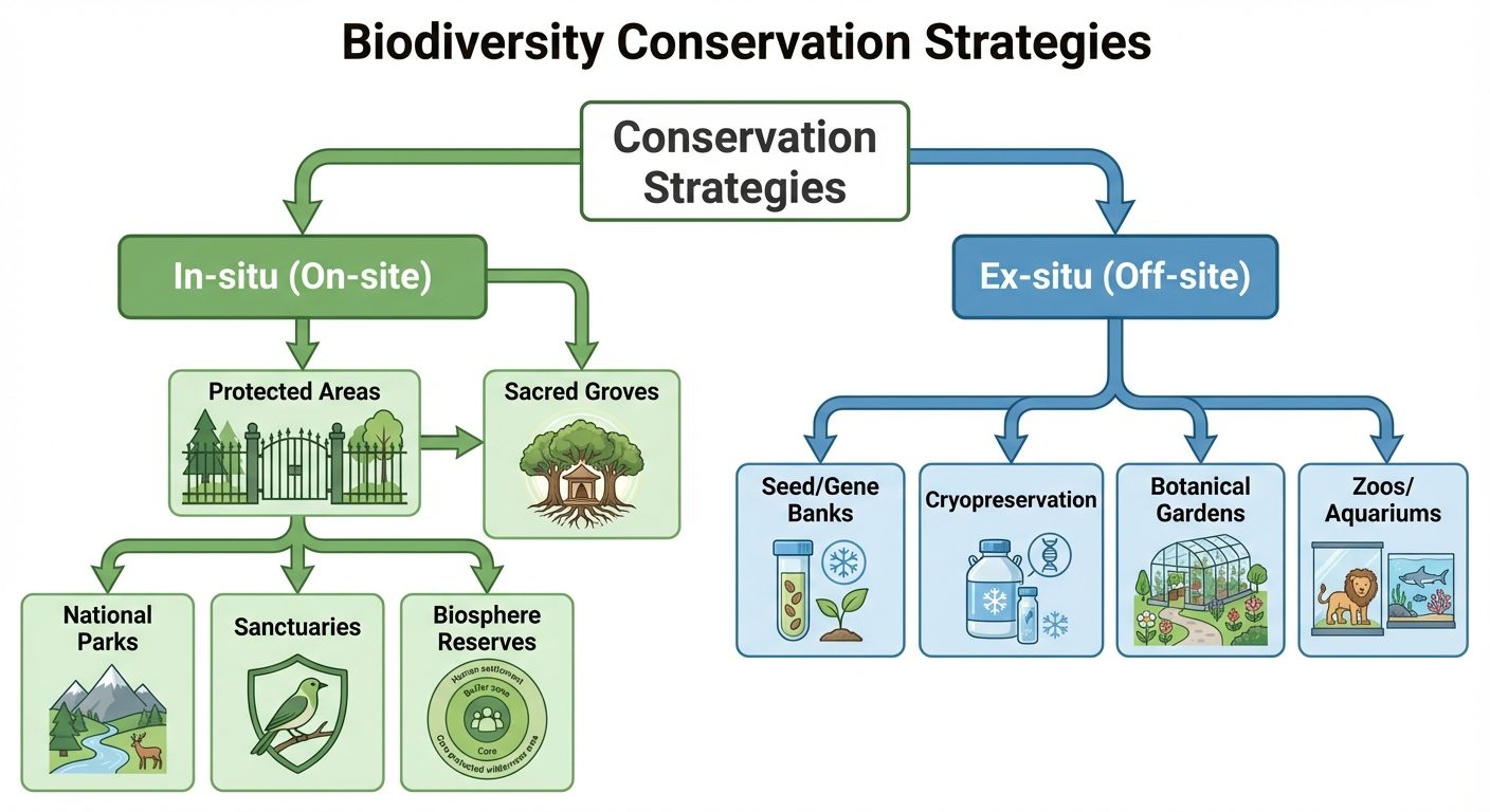 A comparative flowchart/tree diagram contrasting "Biodiversity Conservation Strategies". The main ro...
