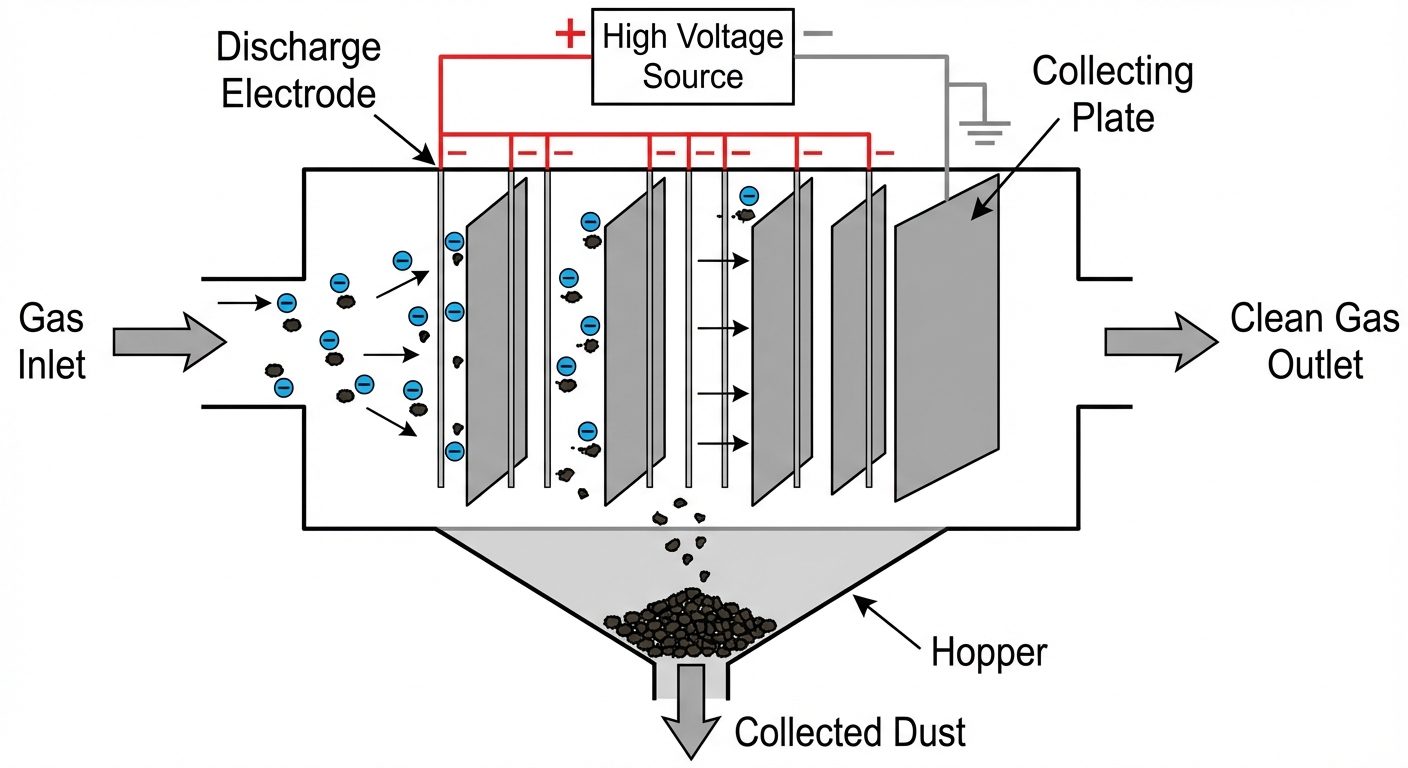 A detailed technical cross-section diagram of an Electrostatic Precipitator (ESP). The diagram shoul...