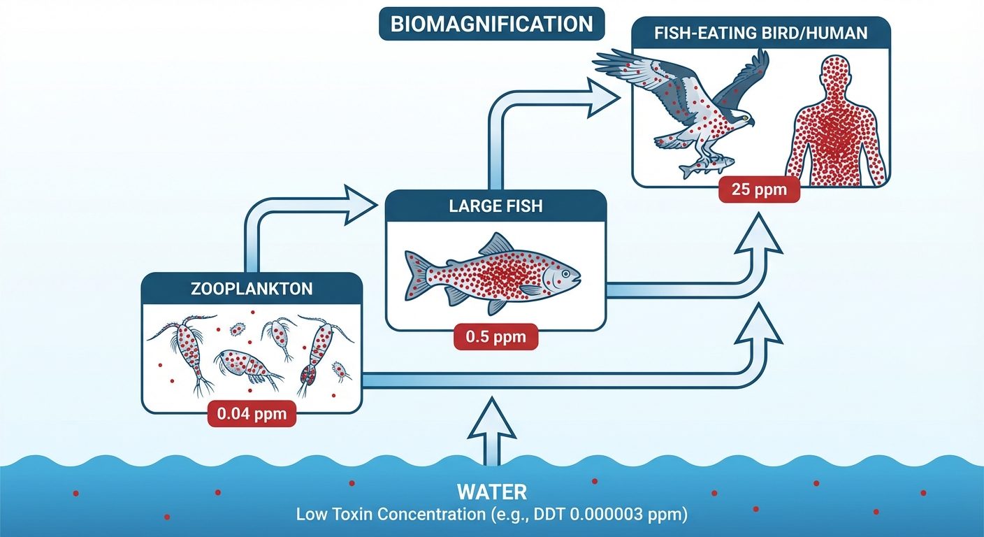 A flowchart diagram illustrating the biological phenomenon of Biomagnification in an aquatic food ch...