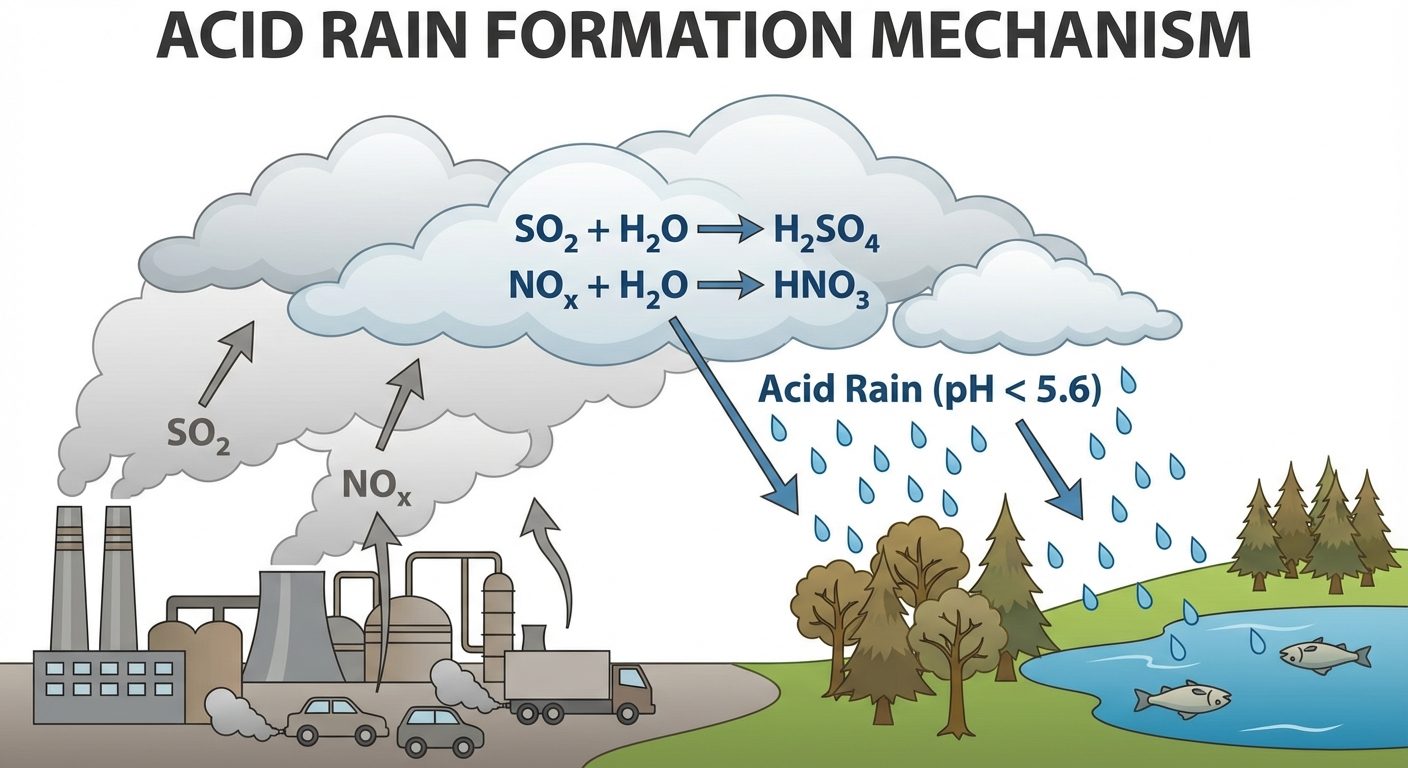A schematic diagram illustrating the mechanism of Acid Rain formation. The bottom of the image shows...