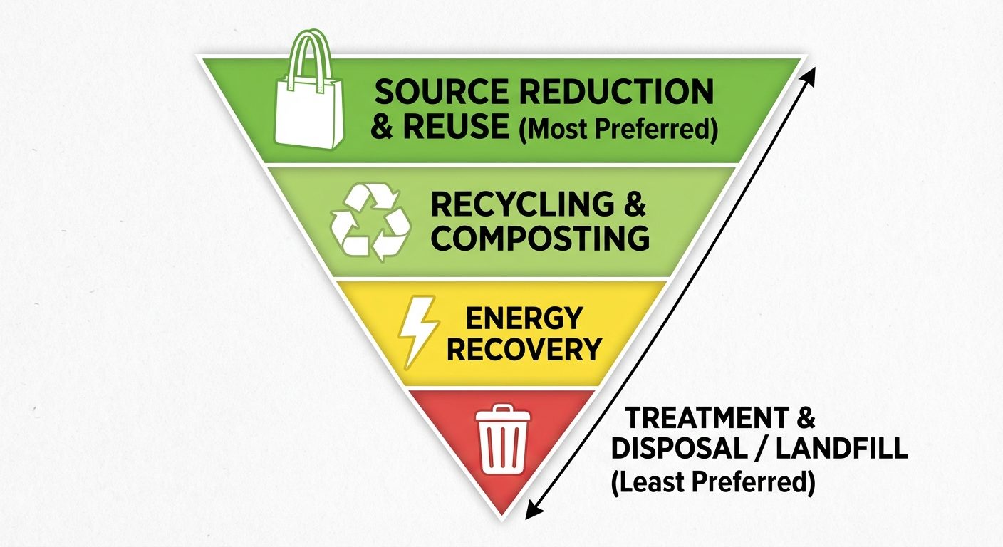 An inverted pyramid diagram representing the Integrated Waste Management Hierarchy. The widest top l...