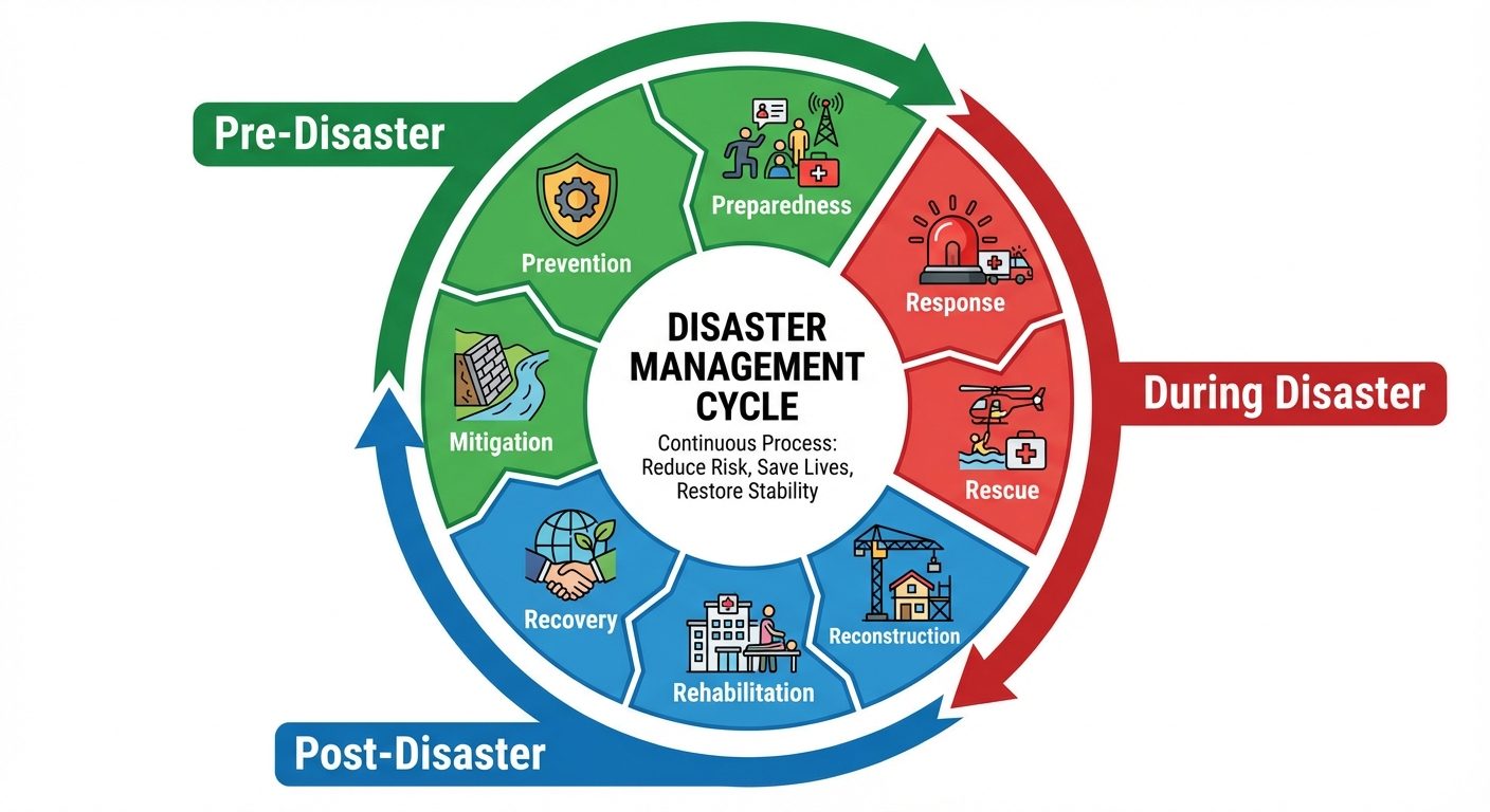 A circular infographic diagram illustrating the "Disaster Management Cycle". The circle should be di...