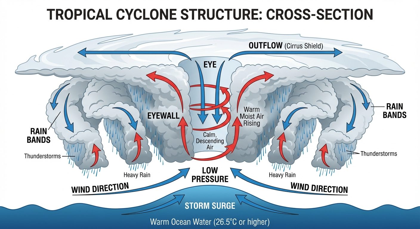 A detailed cross-section diagram of a Tropical Cyclone structure. The center should show the "Eye" (...