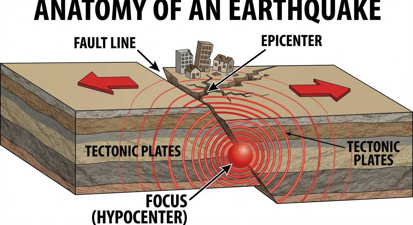 A 3D block diagram showing the anatomy of an earthquake. Show a cross-section of the Earth's crust w...