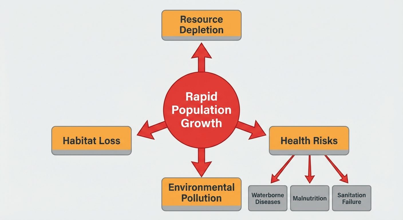 A cause-and-effect flow diagram illustrating the Impact of Overpopulation. The central node should b...