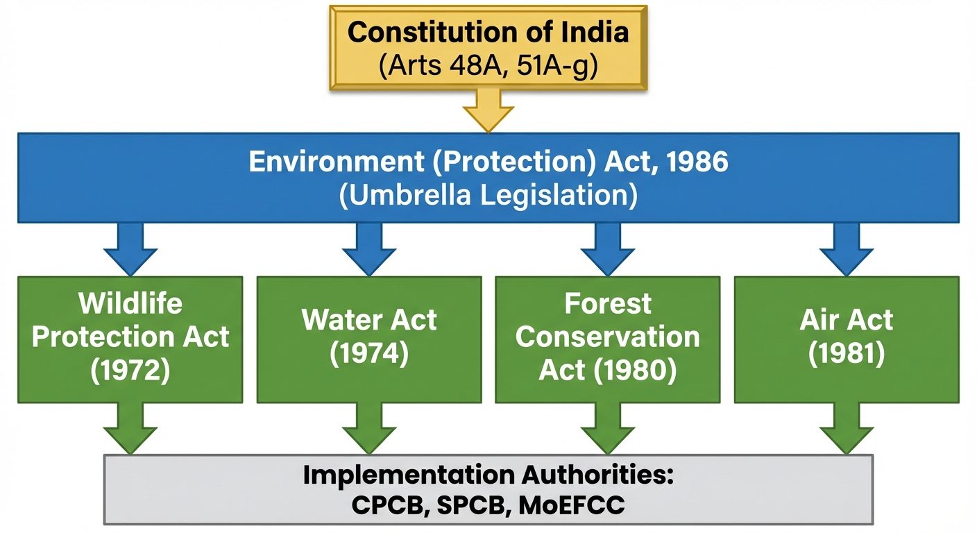 A hierarchical block diagram showing the structure of Environmental Laws in India. At the top, a gol...