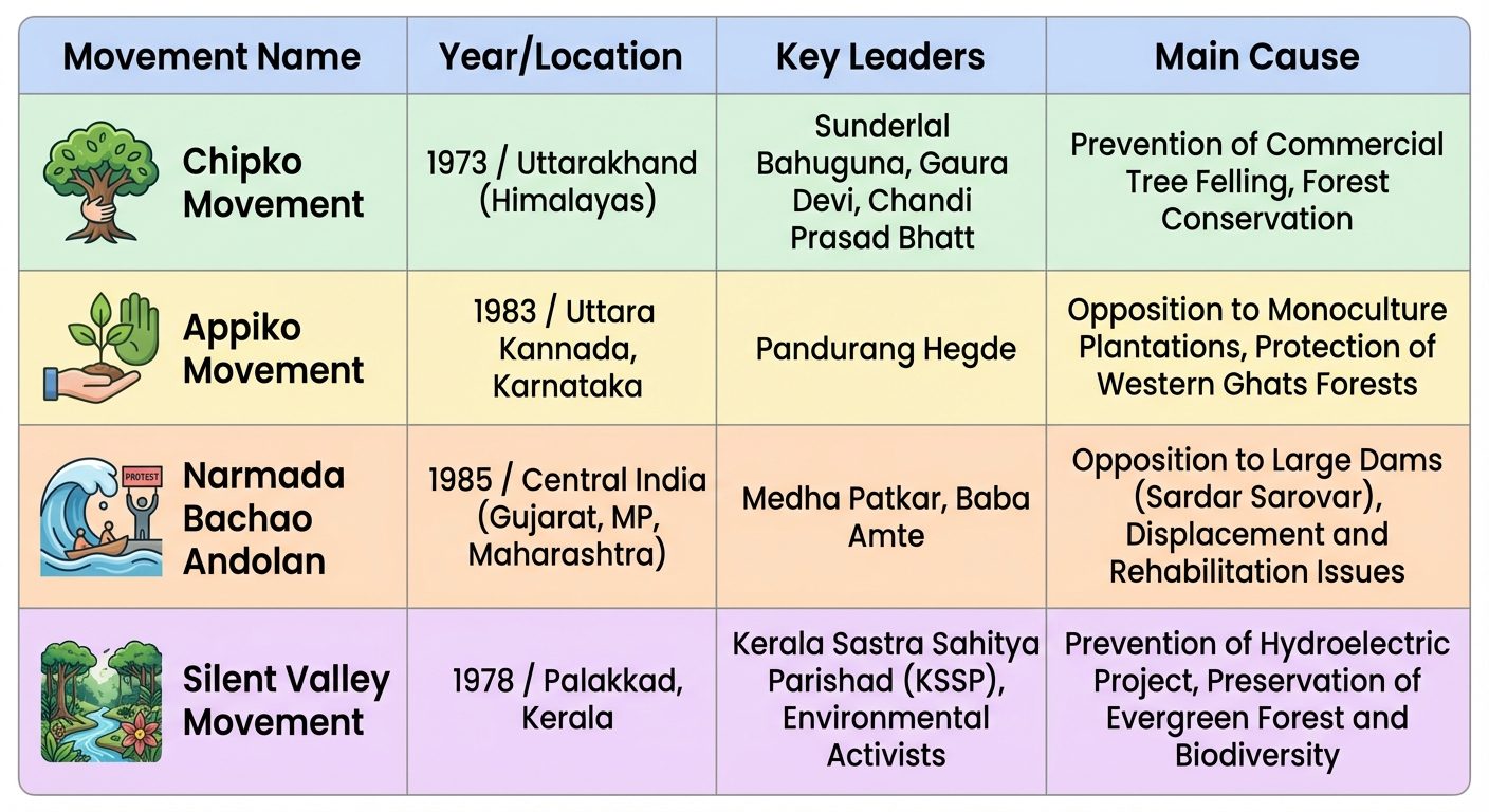 A comparison table visualization of Major Indian Environmental Movements. The image should look like...
