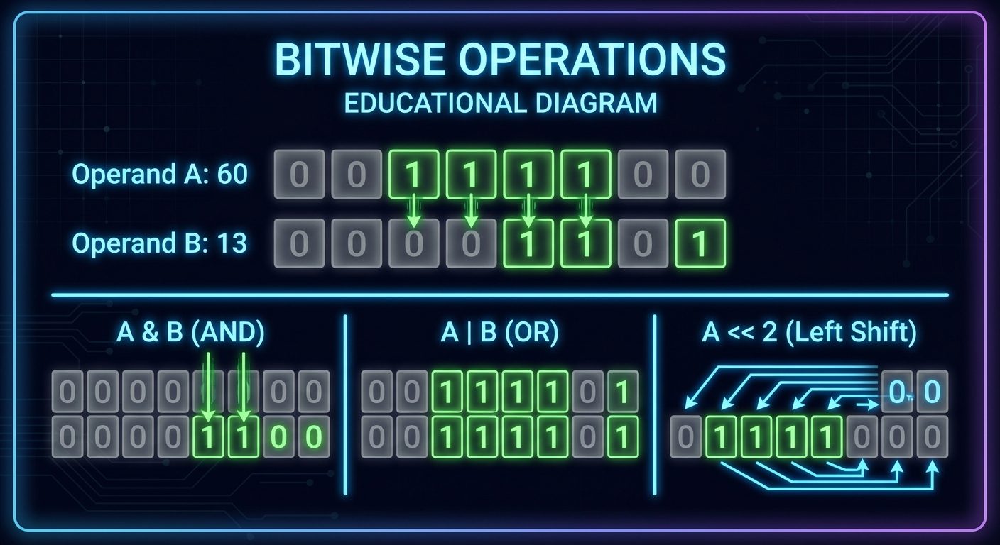 A diagram illustrating "Bitwise Operations". The graphic should show two binary numbers stacked vert...