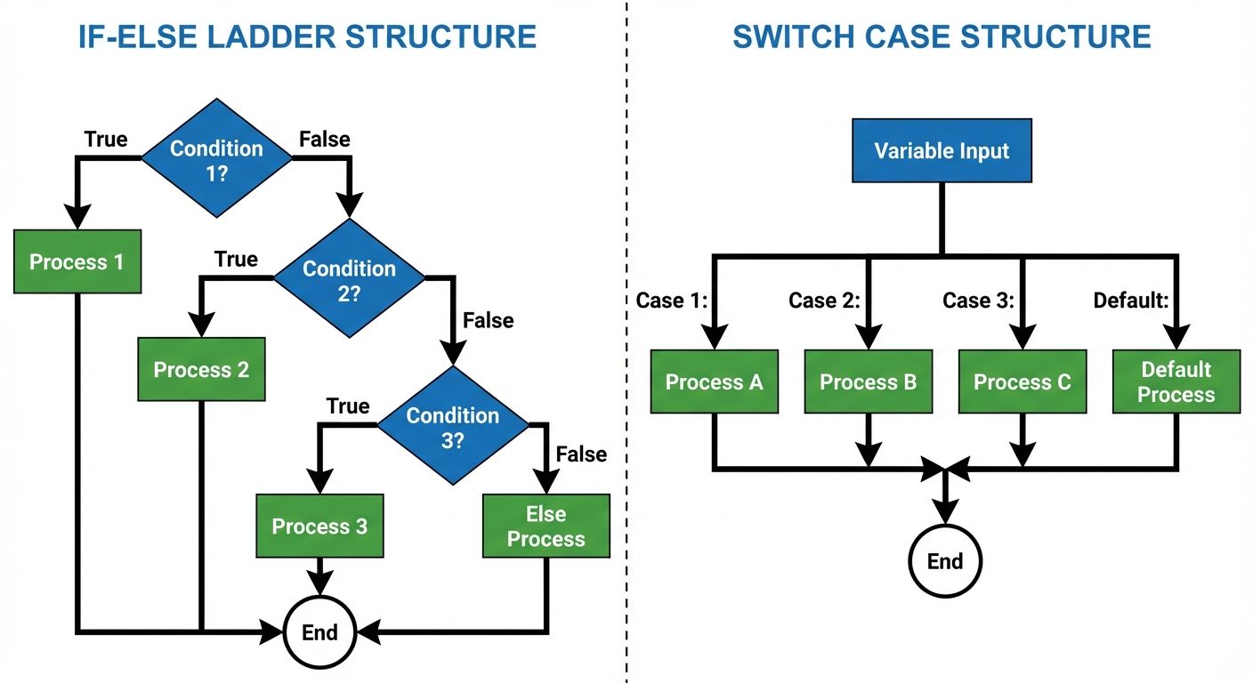 A comparative flowchart diagram illustrating the logic flow of an 'If-Else Ladder' versus a 'Switch ...