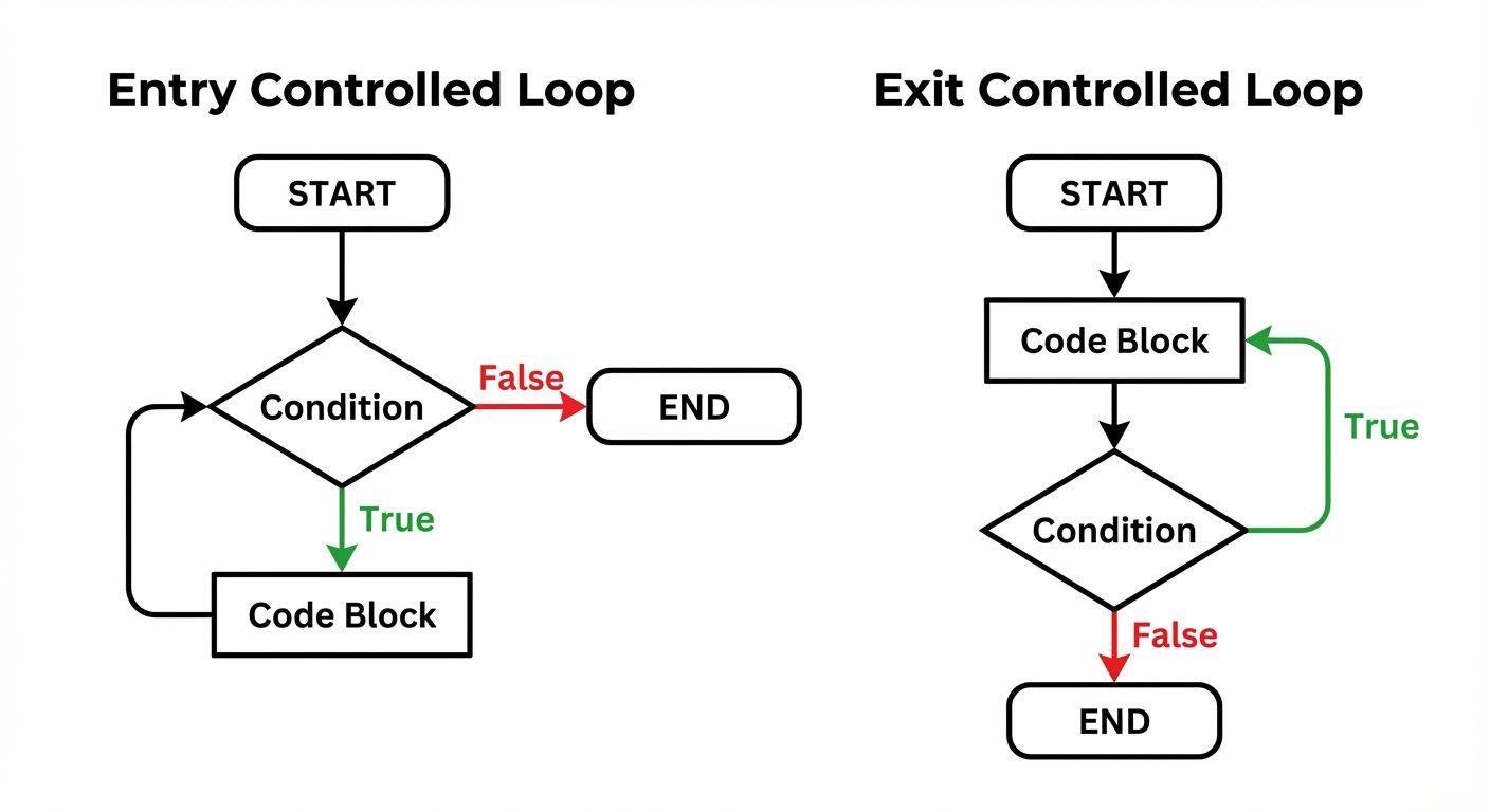 A detailed side-by-side comparison diagram showing the flowcharts for 'While Loop' and 'Do-While Loo...