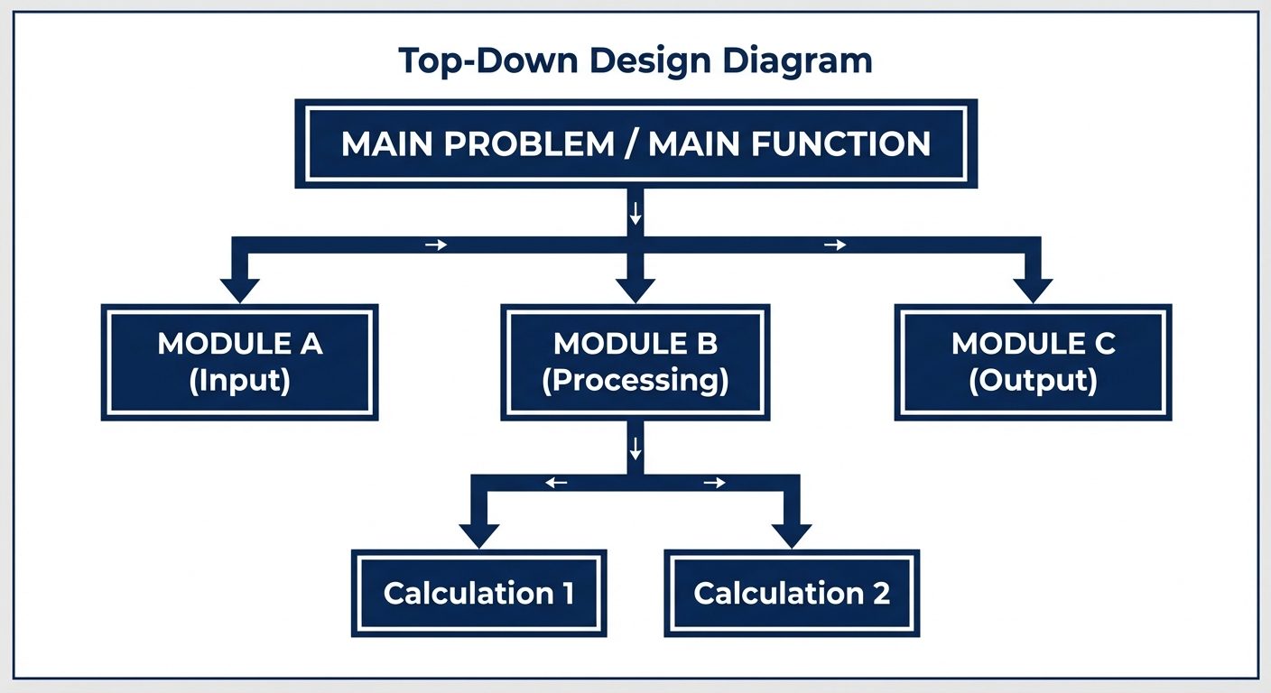 A hierarchical block diagram visualizing 'Top-Down Design' in structured programming. The main box a...