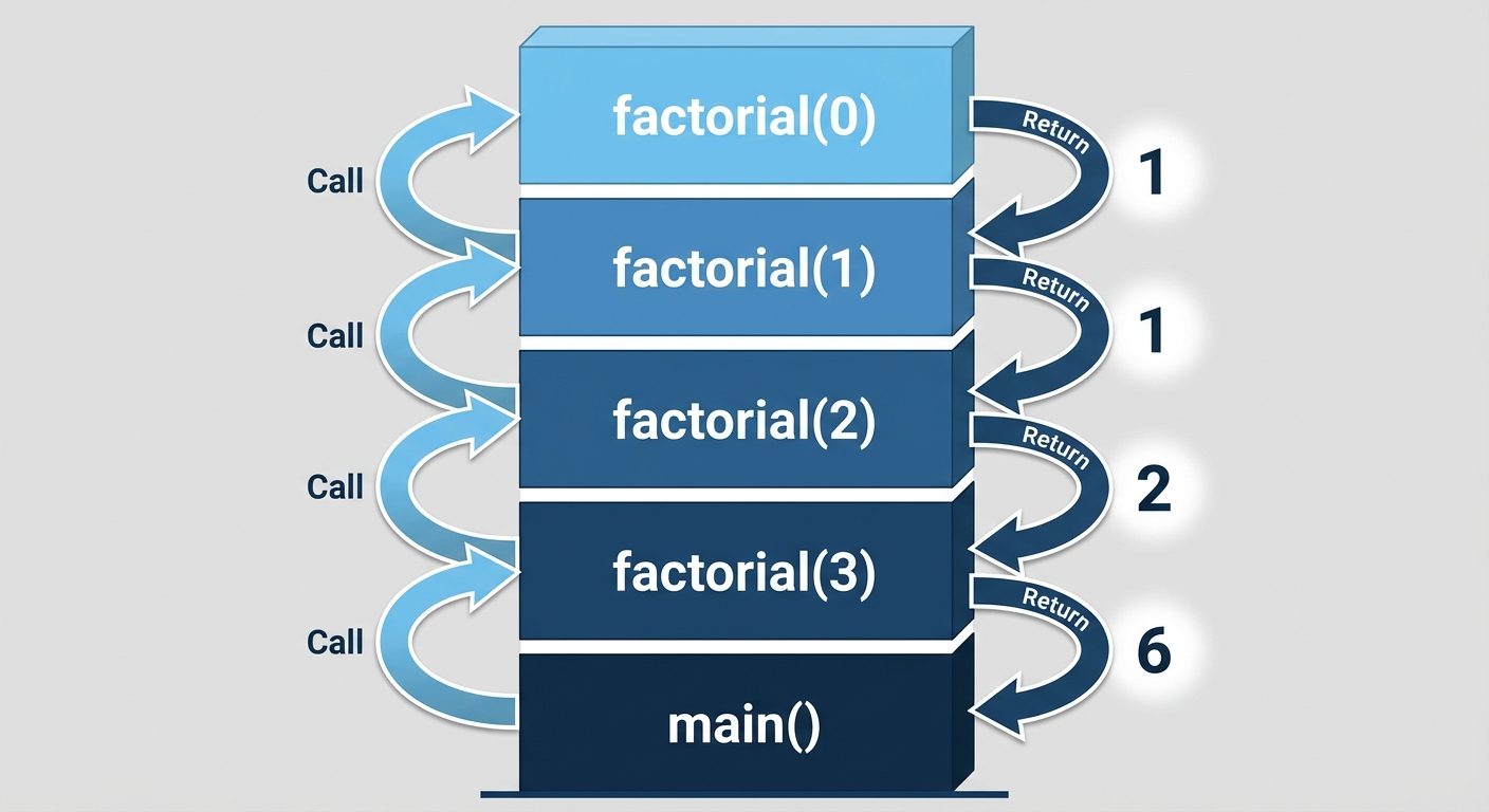 A visualization of the Recursion Stack for a Factorial calculation (factorial(3)). The image should ...