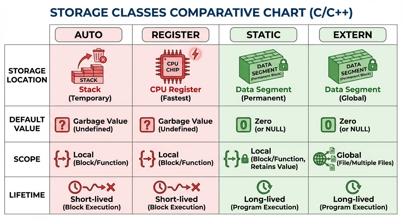 A comparative chart or matrix illustrating the four Storage Classes (Auto, Register, Static, Extern)...