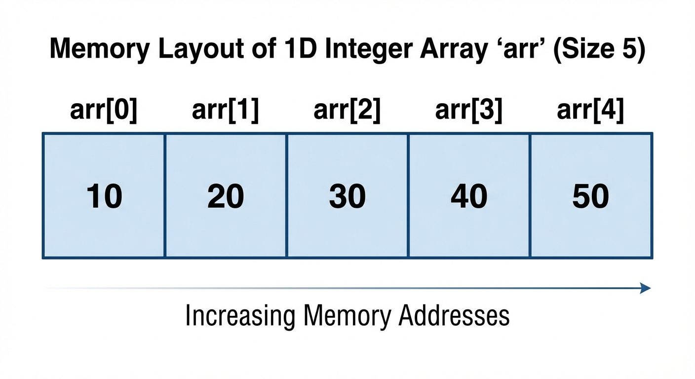 A detailed diagram visualizing the memory layout of a 1-Dimensional integer array named 'arr' of siz...