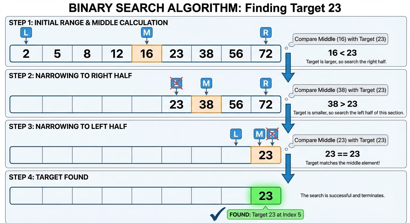 An infographic diagram illustrating the Binary Search algorithm steps. The target value to find is '...