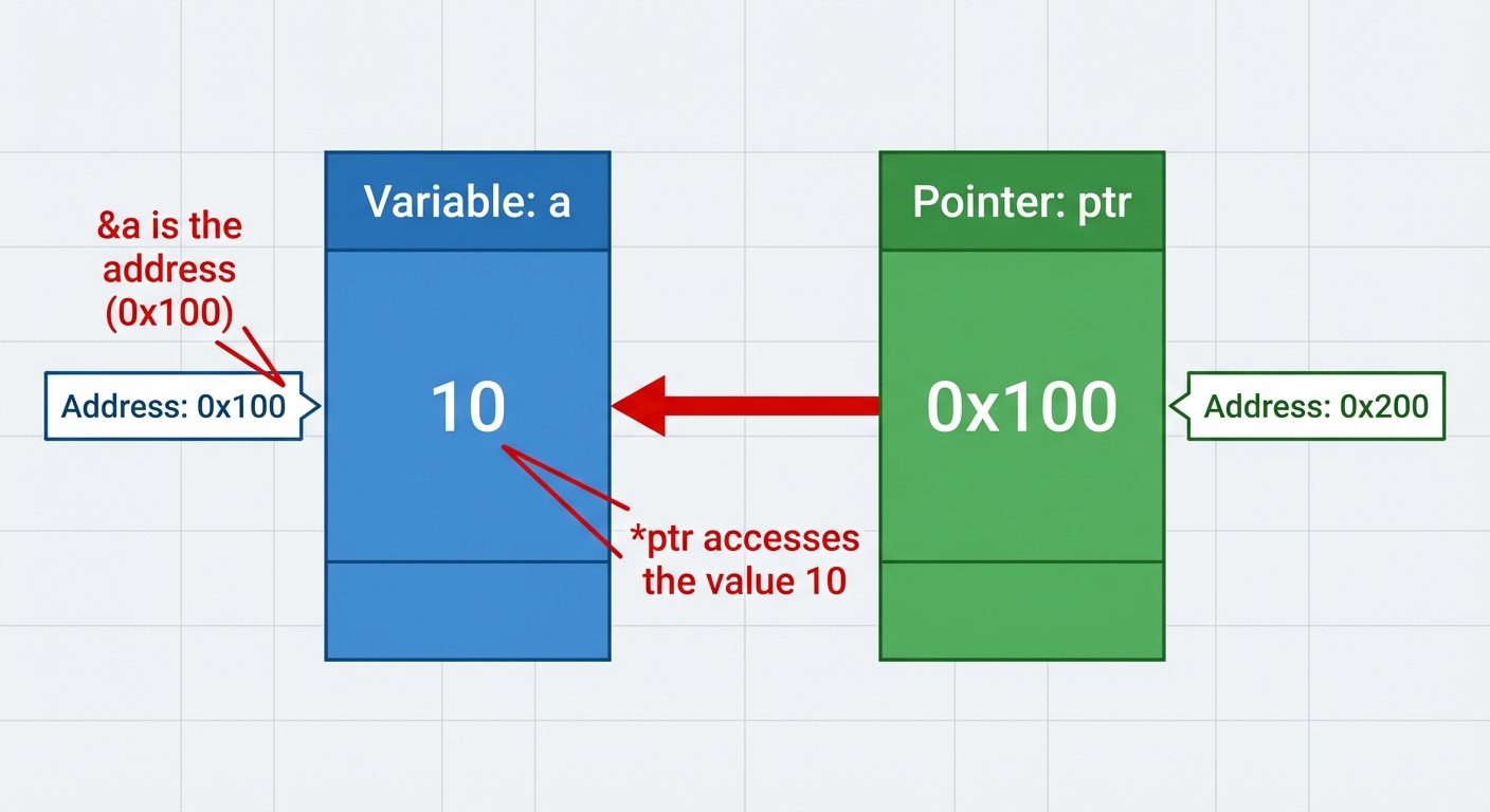 A conceptual diagram illustrating a pointer variable in memory. On the left, a rectangular box repre...