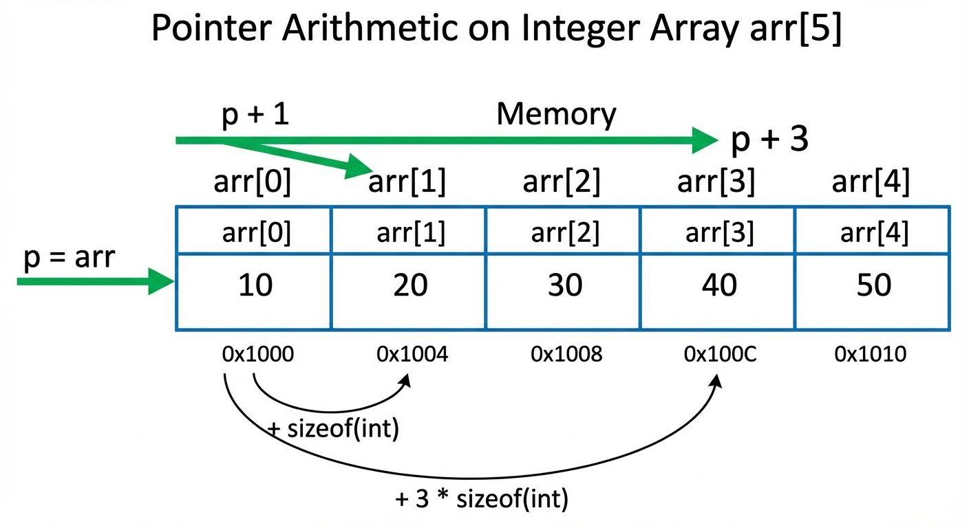 A visual diagram demonstrating pointer arithmetic on an integer array. Show a horizontal strip of me...