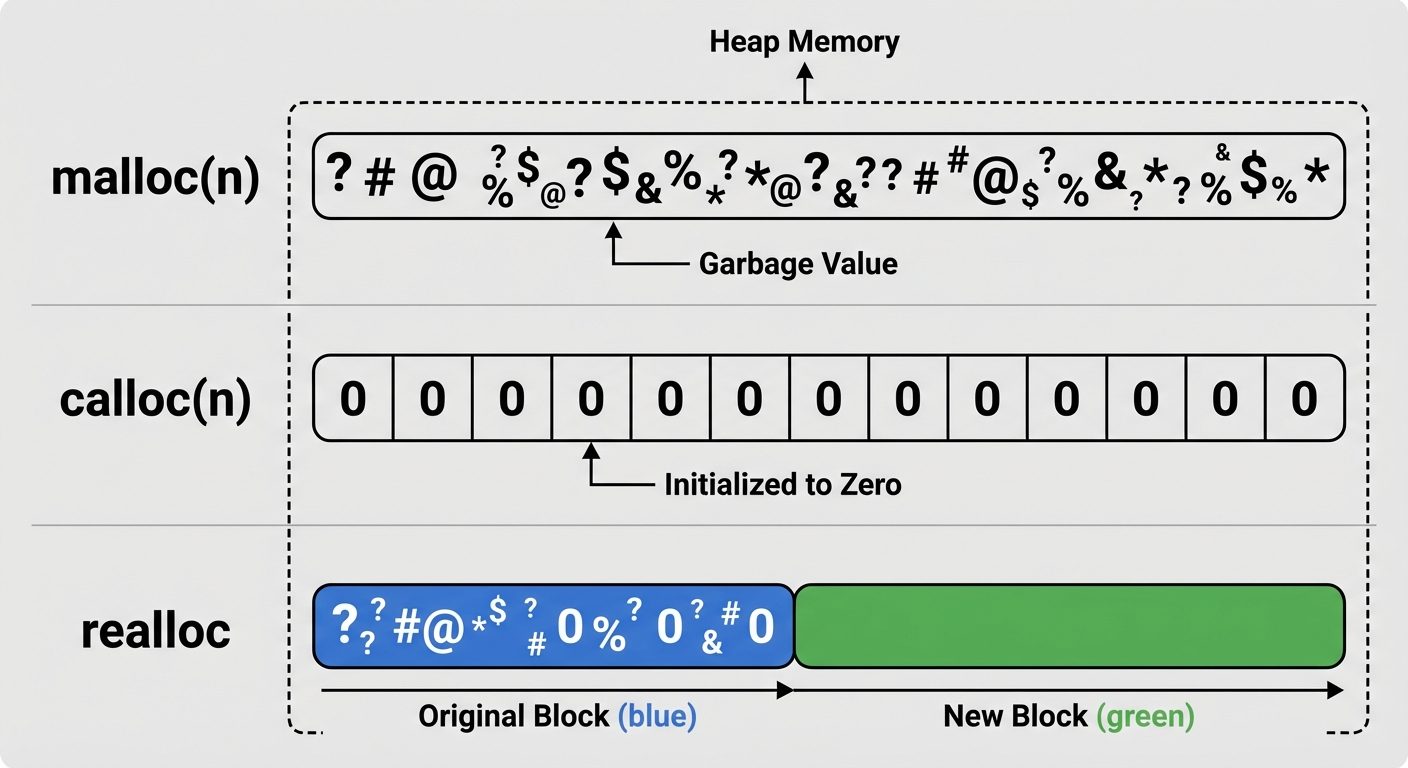 A comparison diagram illustrating the memory layout of malloc vs calloc vs realloc in the Heap.
- T...