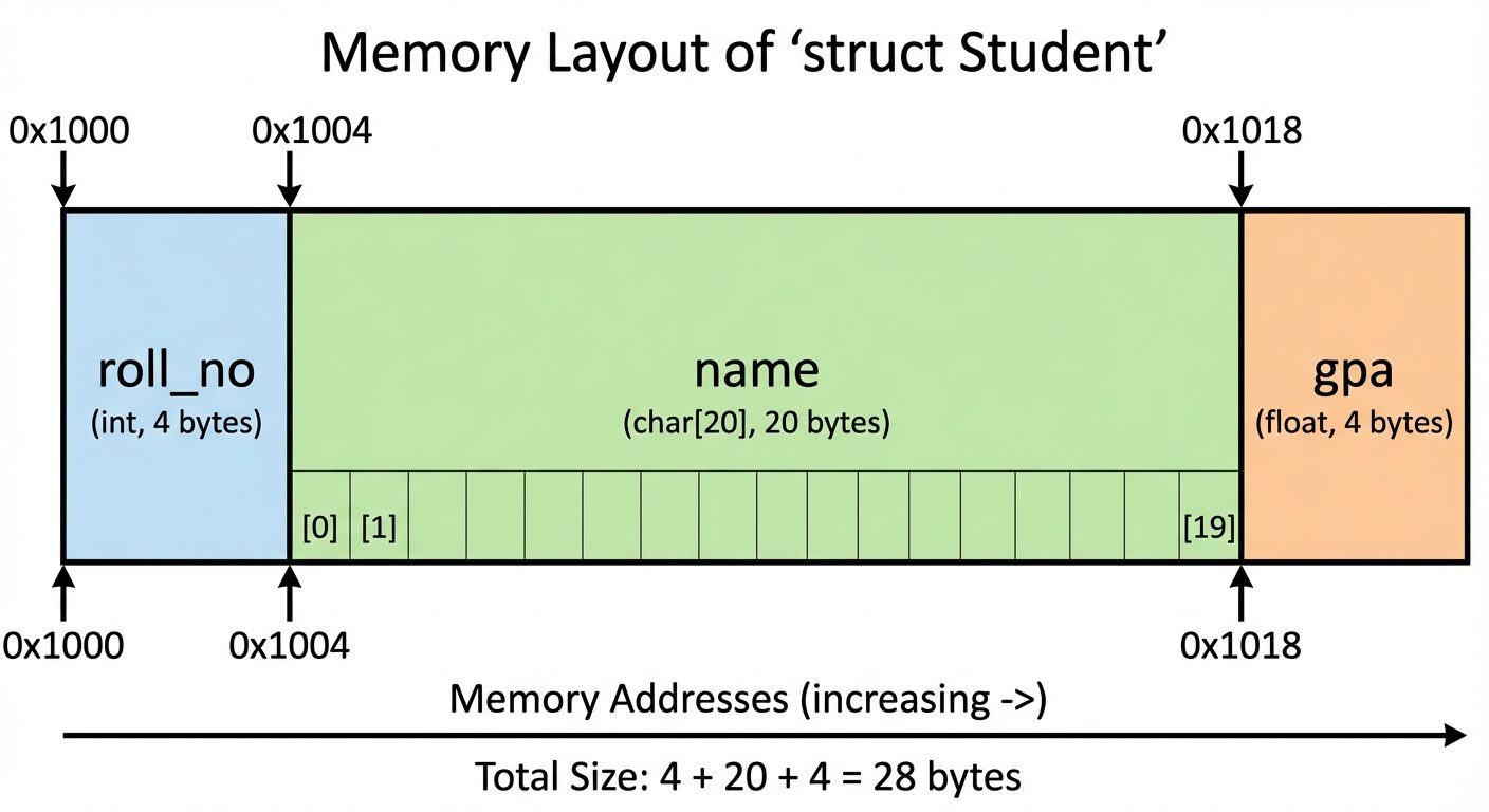 A detailed memory layout diagram illustrating a C Structure named 'Student'. The diagram should show...