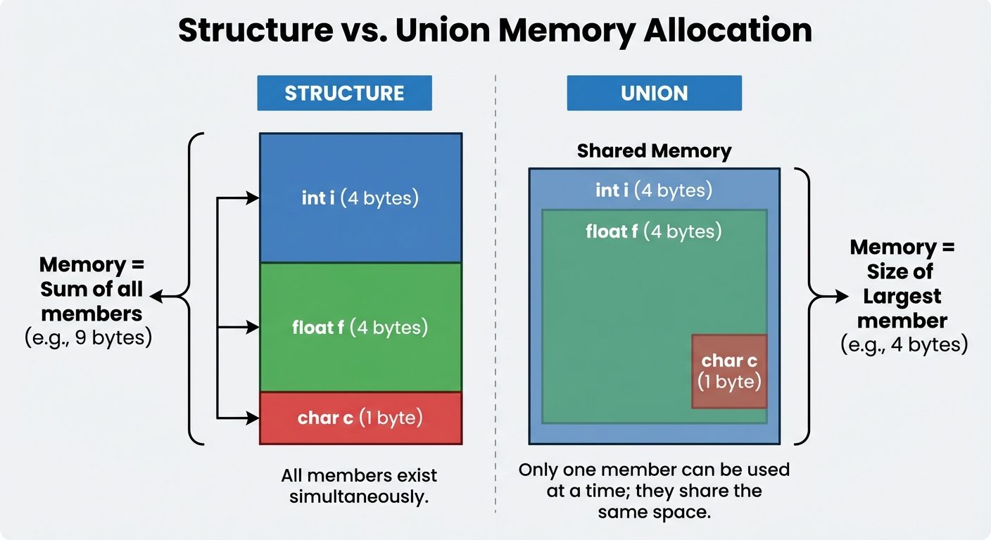 A comparison diagram titled "Structure vs. Union Memory Allocation". The left side shows "Structure"...