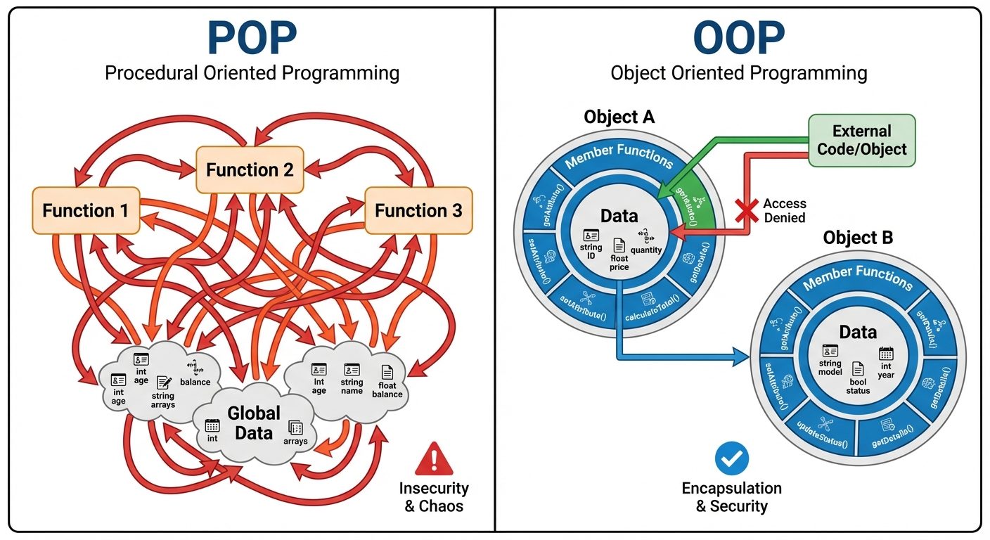 A conceptual diagram contrasting Procedural Oriented Programming (POP) and Object Oriented Programmi...