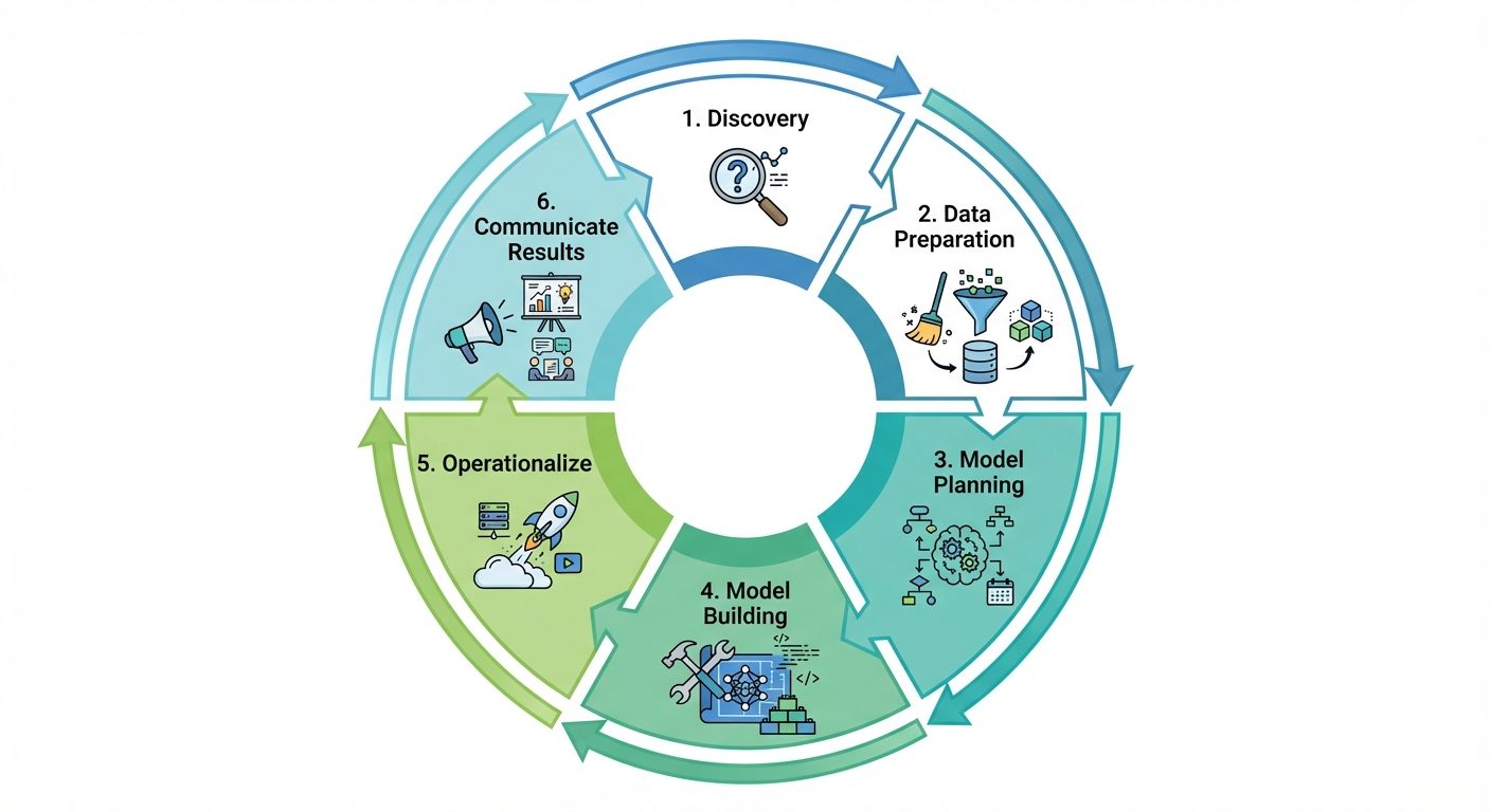 A circular process diagram illustrating the Data Science Lifecycle. The diagram should be a closed l...