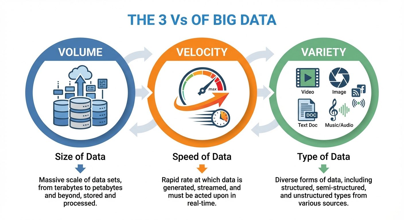 A conceptual infographic showing the "3 Vs of Big Data". Three large distinct pillars or circles arr...