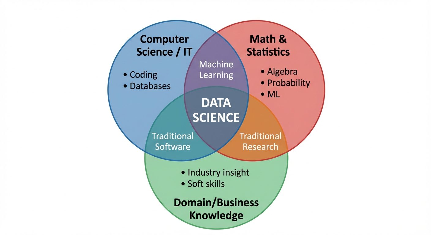 A Venn diagram showing the intersection of skills that make up "Data Science". Three overlapping cir...