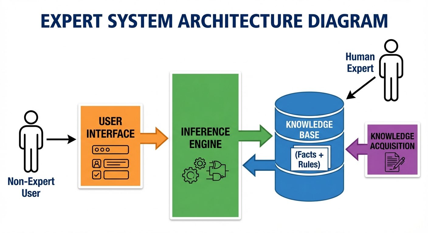 A block diagram showing the architecture of an Expert System. On the left is a stick figure labeled ...