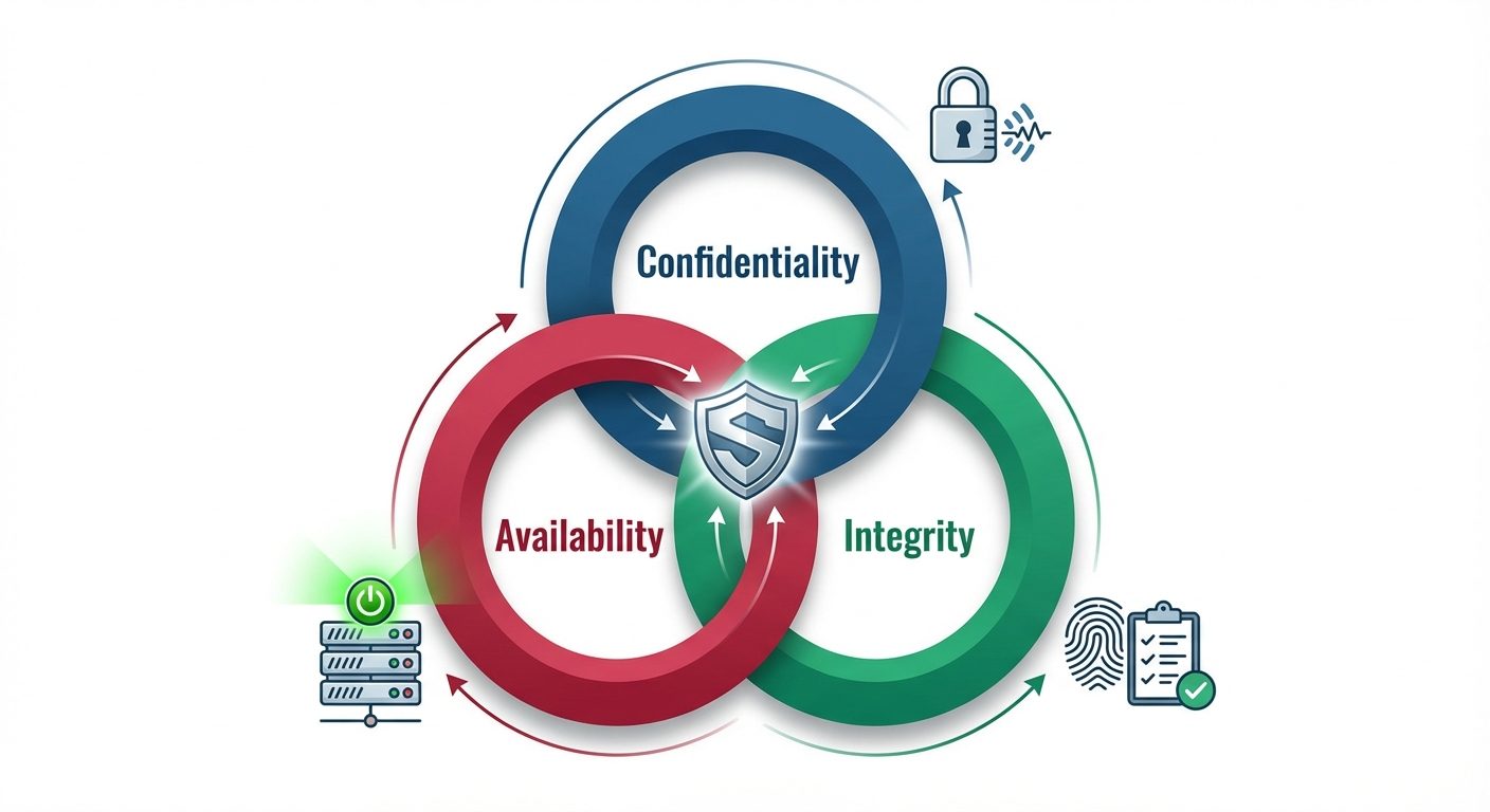 A detailed conceptual diagram of the CIA Triad. The image should feature a central triangle composed...