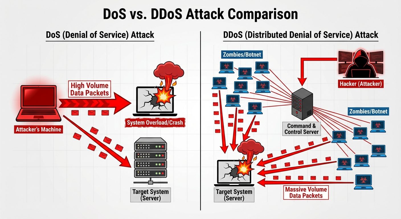 A network diagram comparing DoS vs DDoS attacks. On the left side (DoS), show a single red laptop se...