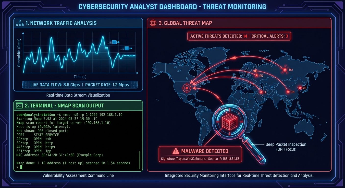 A visualization of a cybersecurity analyst's dashboard. The screen shows a dark-mode interface split...
