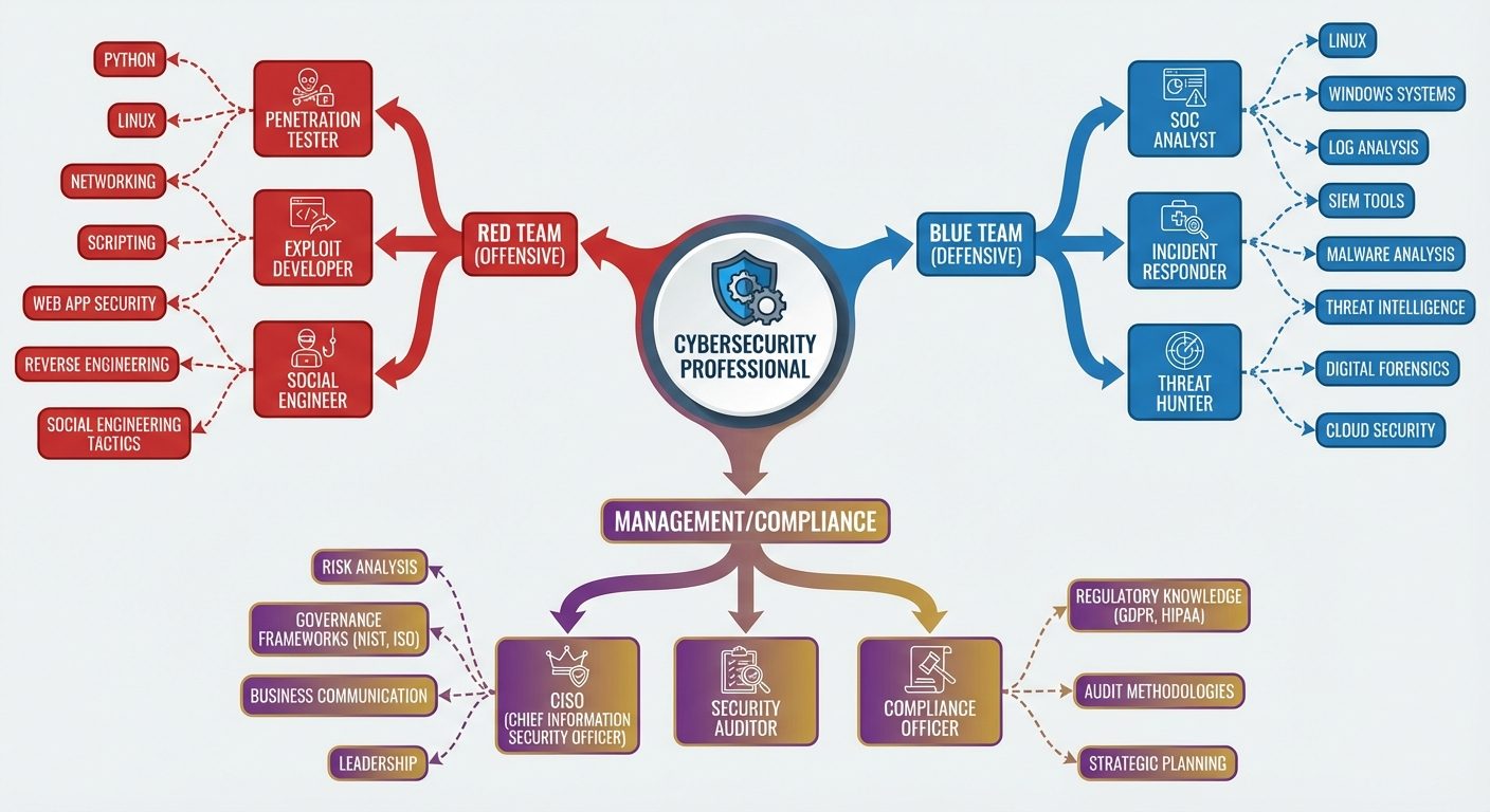 A flowchart or mind map illustrating the "Cybersecurity Career Path". The central node is "Cybersecu...