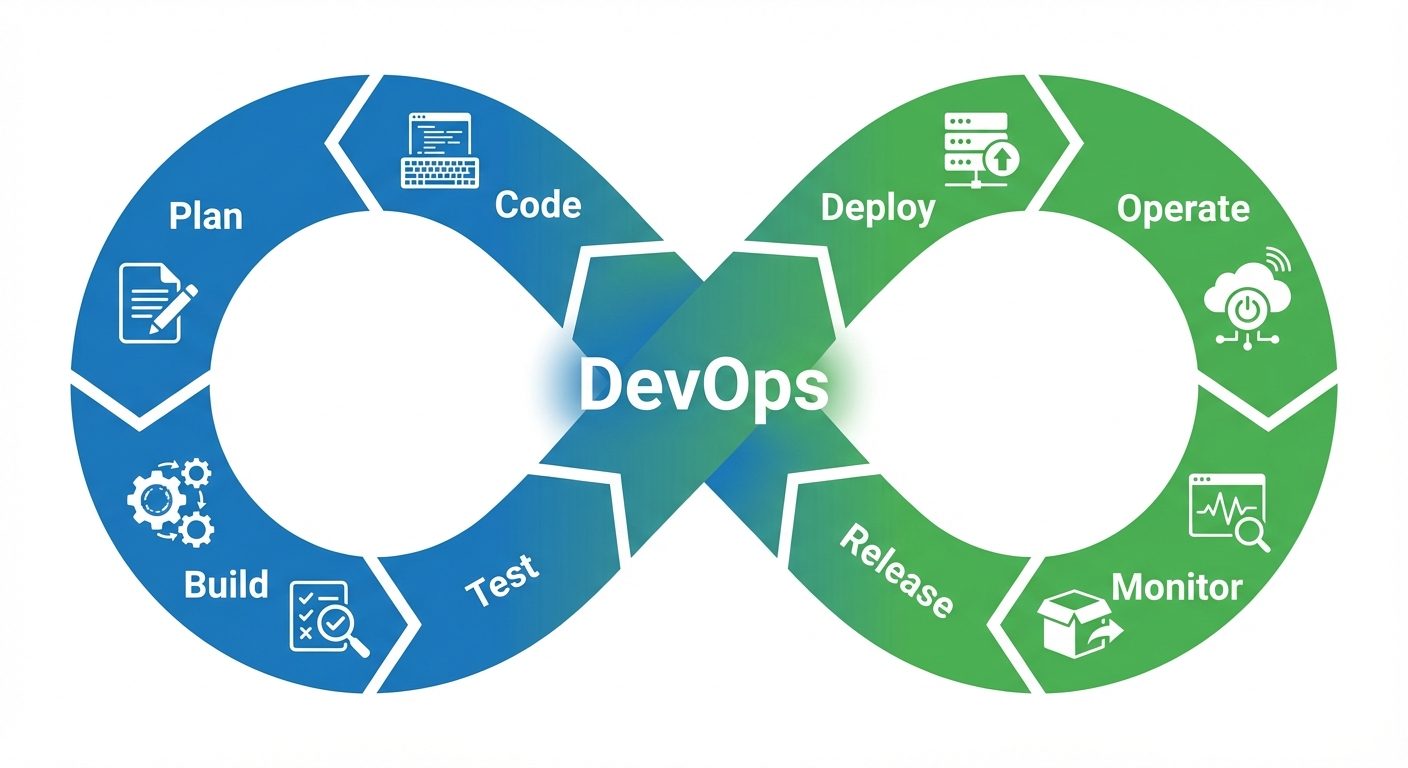 A detailed concept diagram illustrating the DevOps Infinity Loop. The diagram should feature a conti...