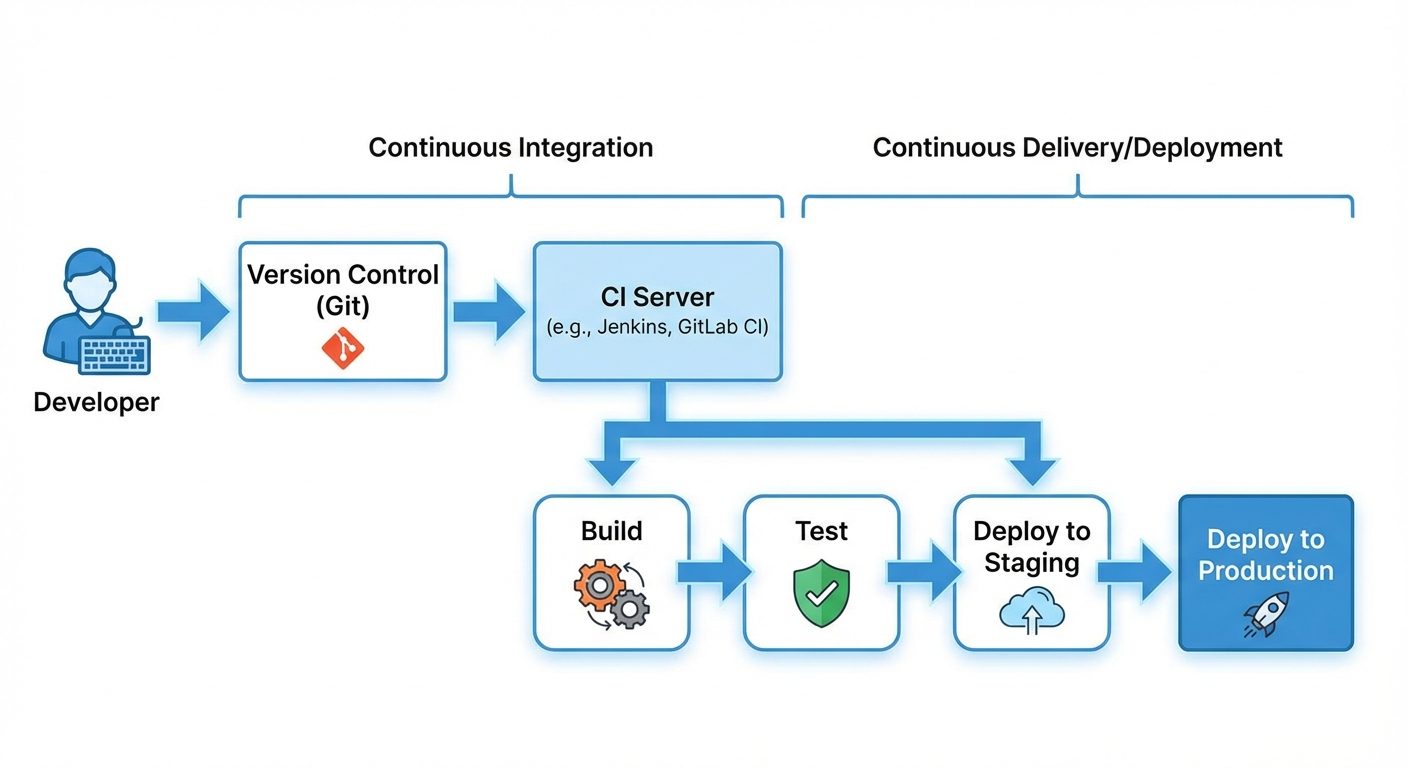 A horizontal flow diagram depicting a CI/CD Pipeline. The flow starts on the left with a "Developer"...