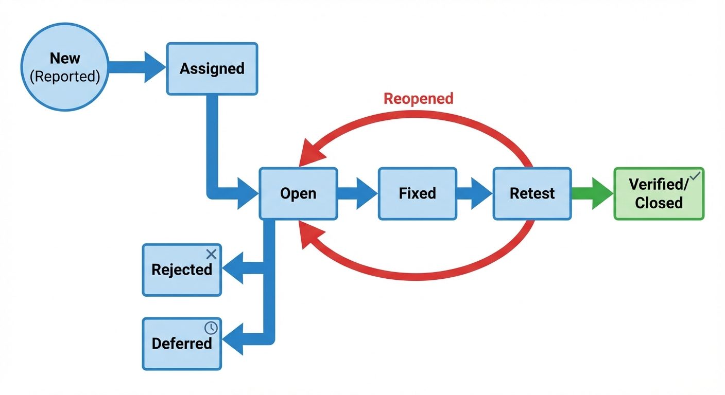 A state transition diagram showing the Defect (Bug) Life Cycle. The flow should start with a circle ...