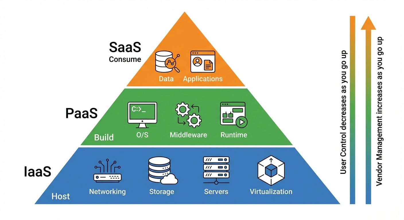 A detailed layered pyramid diagram illustrating the three Cloud Service Models: IaaS, PaaS, and SaaS...
